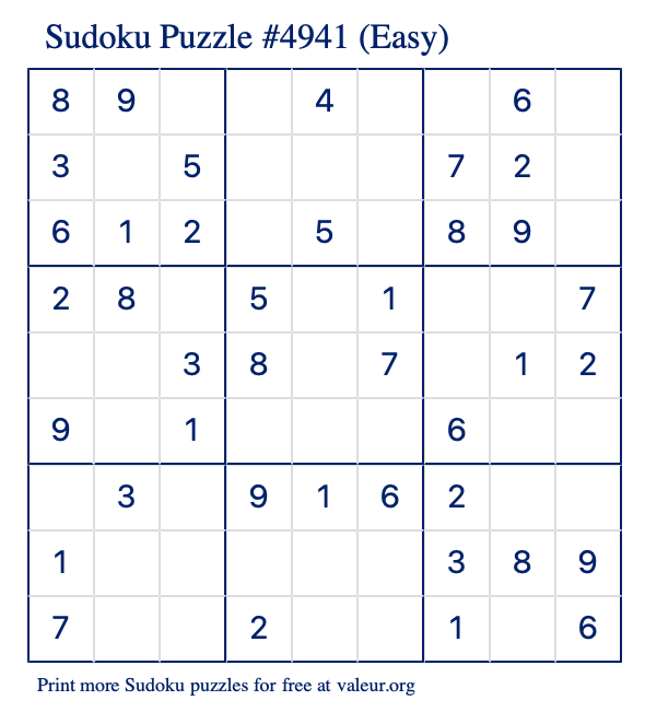 Free Printable Easy Sudoku Puzzle number 4941