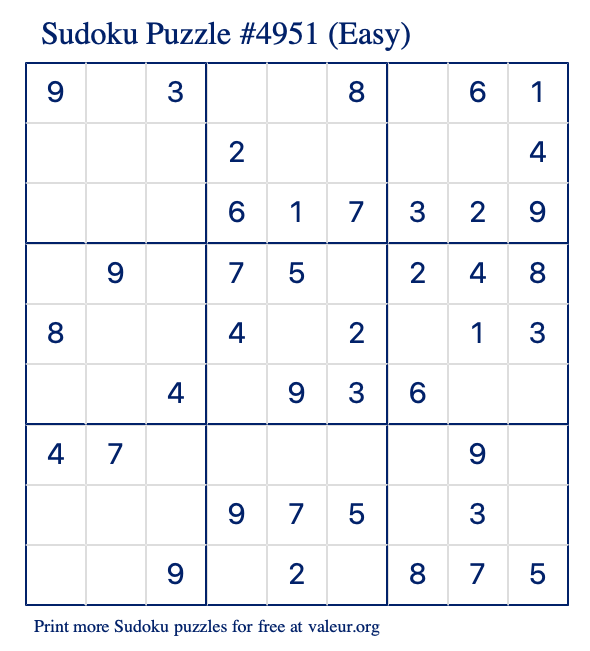 Free Printable Easy Sudoku Puzzle number 4951