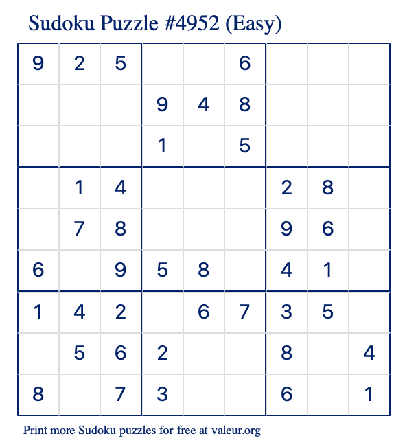 Free Printable Easy Sudoku Puzzle number 4952