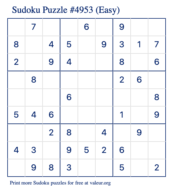 Free Printable Easy Sudoku Puzzle number 4953