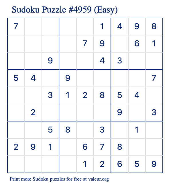 Free Printable Easy Sudoku Puzzle number 4959