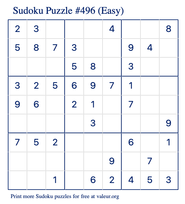 Free Printable Easy Sudoku Puzzle number 496