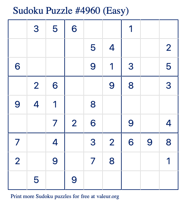Free Printable Easy Sudoku Puzzle number 4960