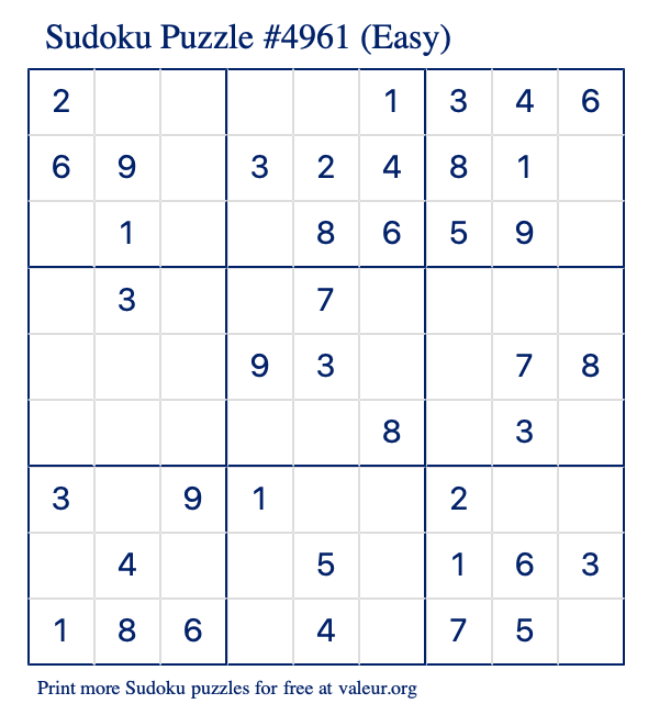Free Printable Easy Sudoku Puzzle number 4961