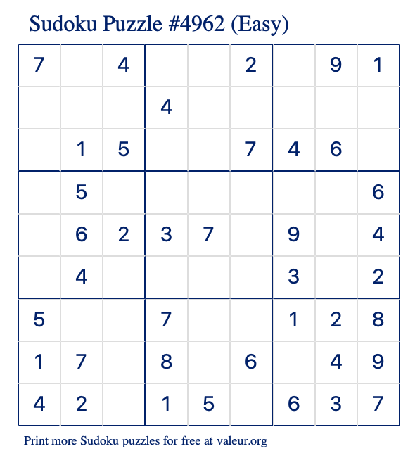 Free Printable Easy Sudoku Puzzle number 4962
