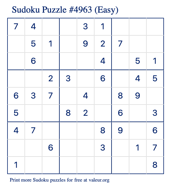 Free Printable Easy Sudoku Puzzle number 4963