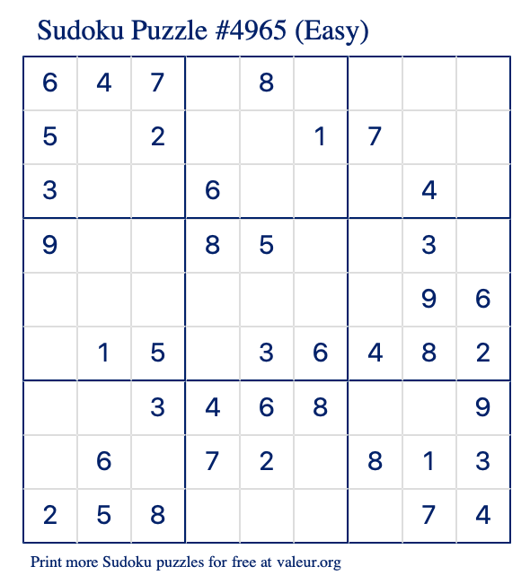 Free Printable Easy Sudoku Puzzle number 4965