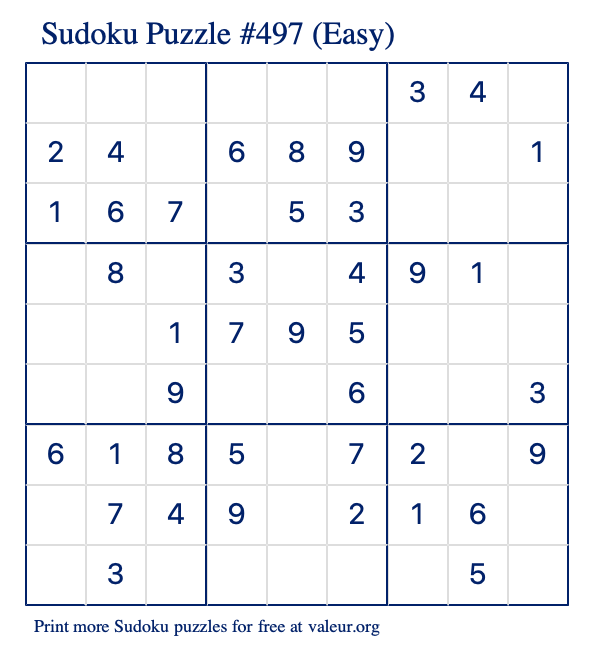 Free Printable Easy Sudoku Puzzle number 497