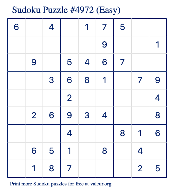 Free Printable Easy Sudoku Puzzle number 4972