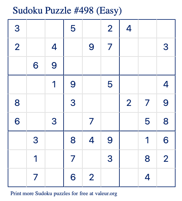 Free Printable Easy Sudoku Puzzle number 498