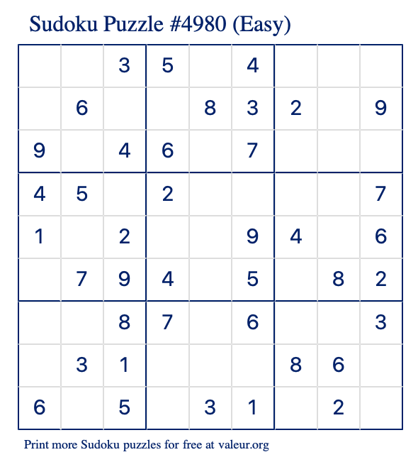 Free Printable Easy Sudoku Puzzle number 4980