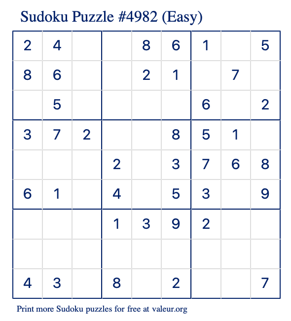 Free Printable Easy Sudoku Puzzle number 4982