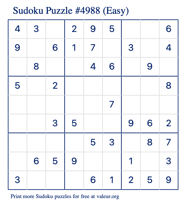 Free Printable Easy Sudoku Puzzle number 4988