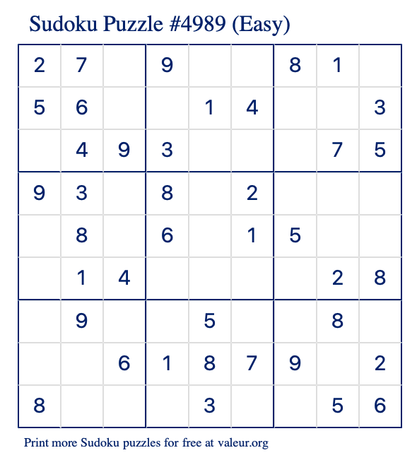 Free Printable Easy Sudoku Puzzle number 4989