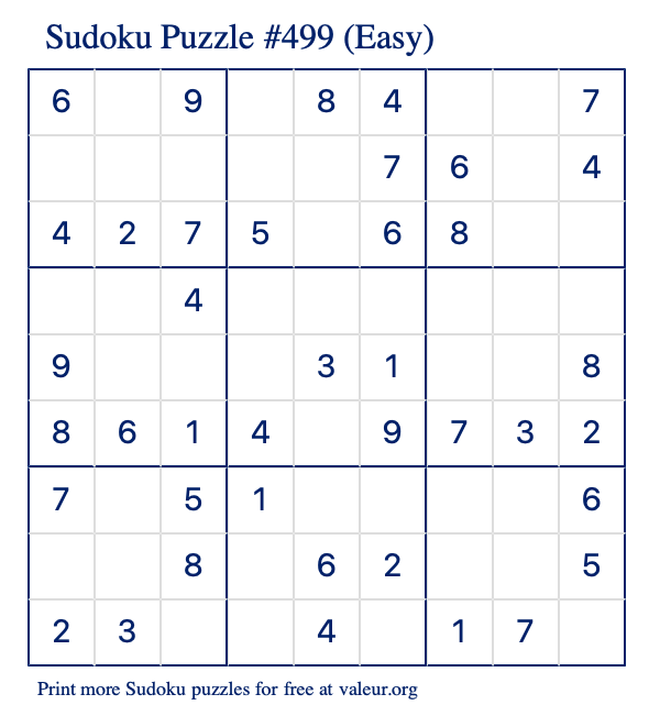 Free Printable Easy Sudoku Puzzle number 499