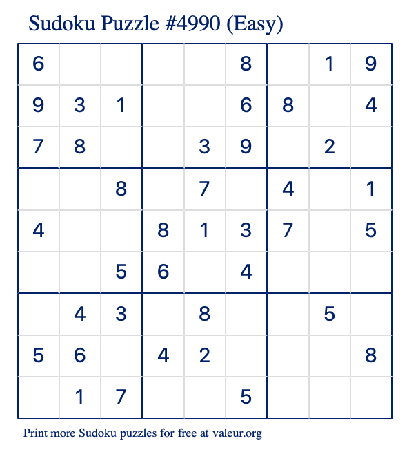 Free Printable Easy Sudoku Puzzle number 4990