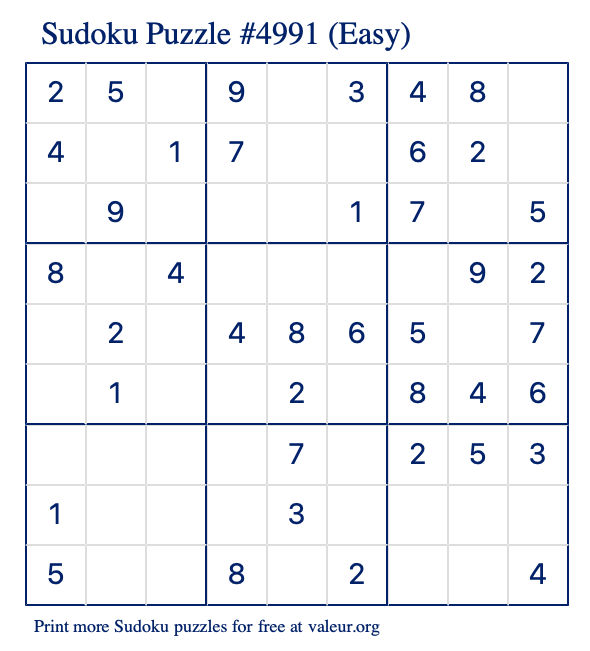 Free Printable Easy Sudoku Puzzle number 4991