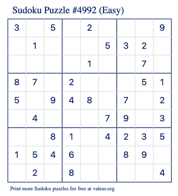 Free Printable Easy Sudoku Puzzle number 4992