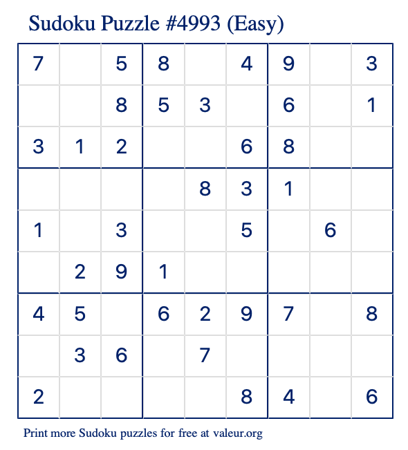 Free Printable Easy Sudoku Puzzle number 4993