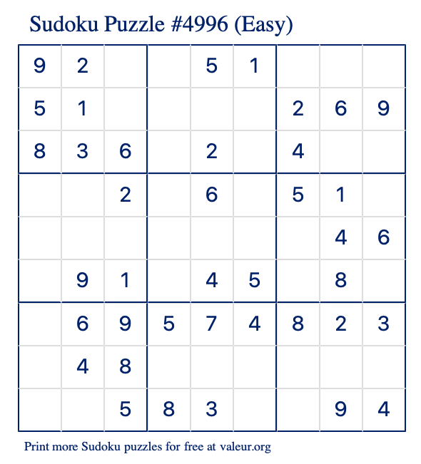 Free Printable Easy Sudoku Puzzle number 4996
