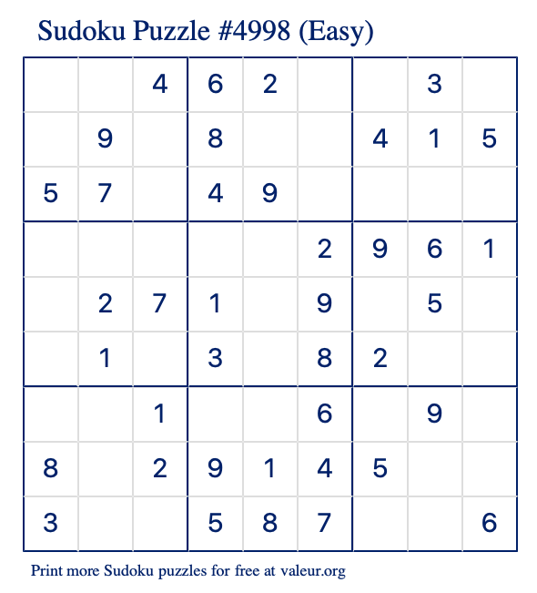 Free Printable Easy Sudoku Puzzle number 4998