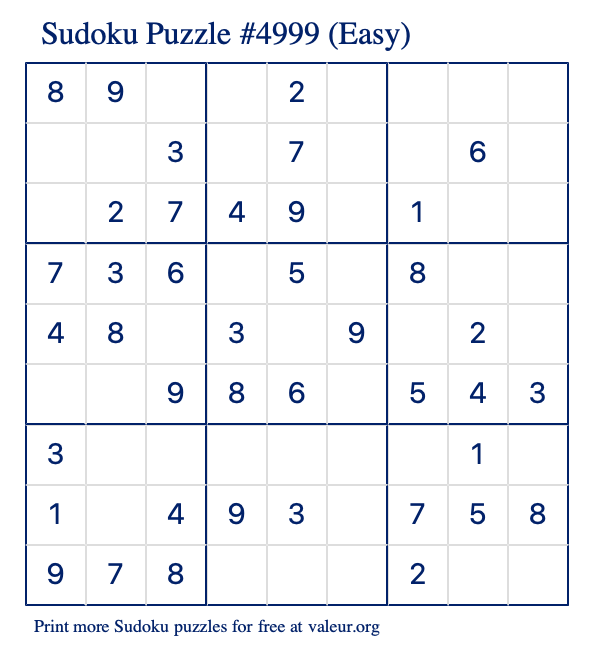 Free Printable Easy Sudoku Puzzle number 4999