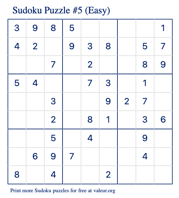 Free Printable Easy Sudoku Puzzle number 5