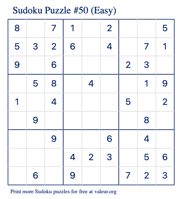 Free Printable Easy Sudoku Puzzle number 50