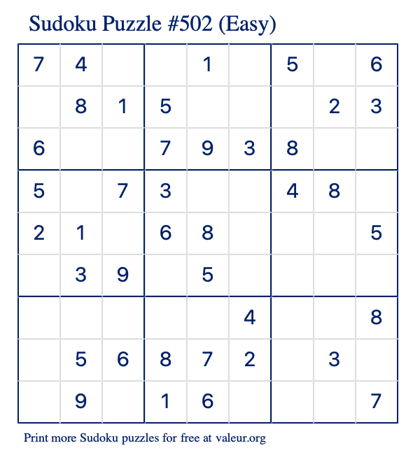 Free Printable Easy Sudoku Puzzle number 502