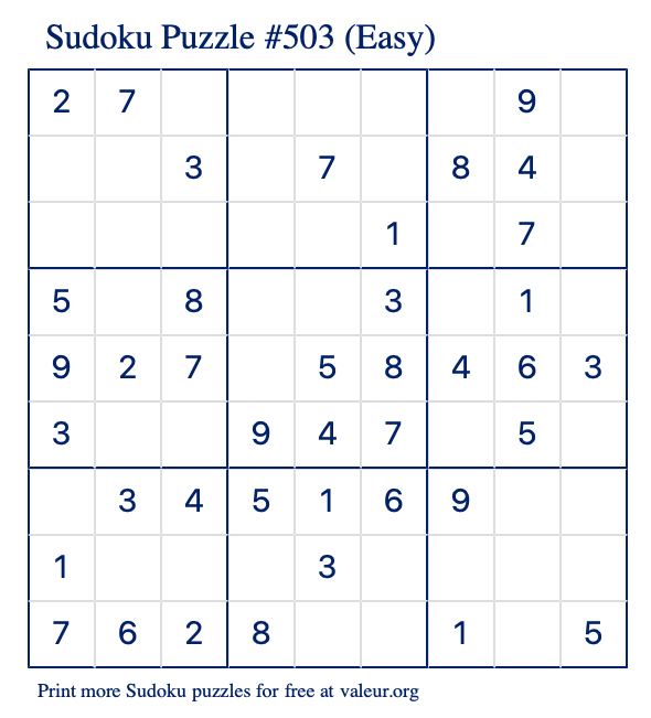 Free Printable Easy Sudoku Puzzle number 503