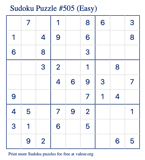 Free Printable Easy Sudoku Puzzle number 505