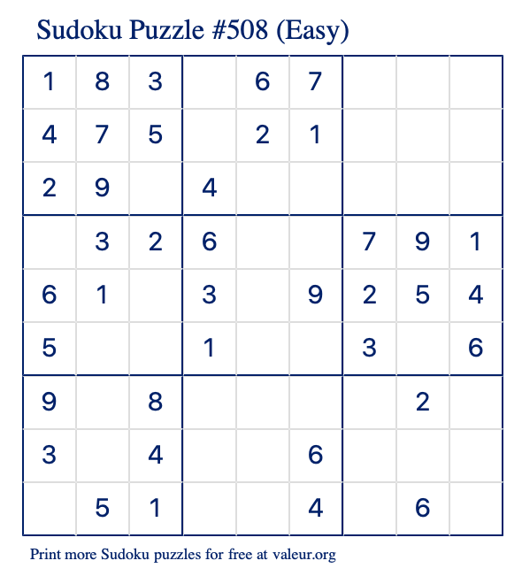 Free Printable Easy Sudoku Puzzle number 508