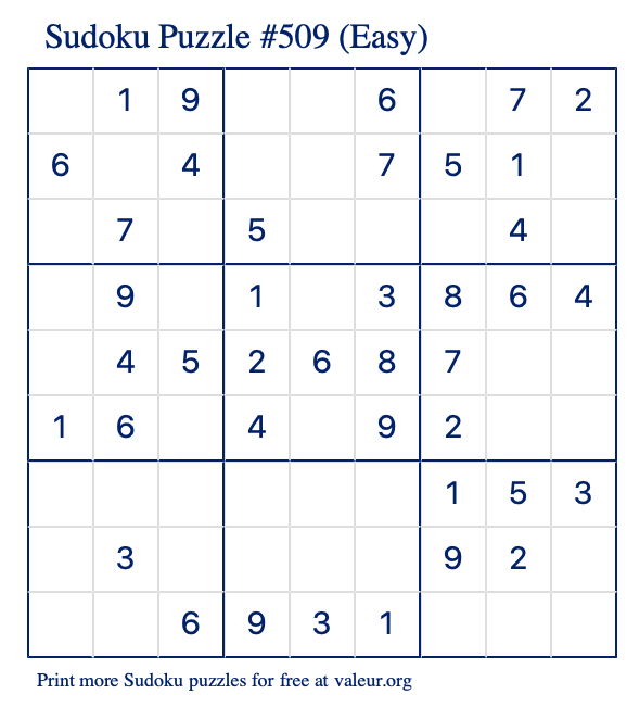 Free Printable Easy Sudoku Puzzle number 509