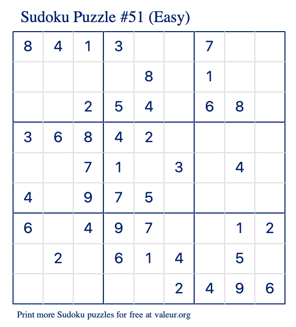 Free Printable Easy Sudoku Puzzle number 51