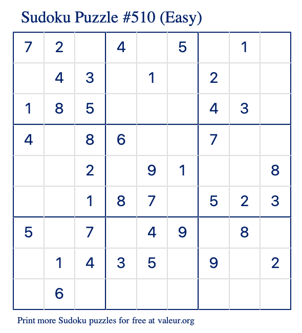 Free Printable Easy Sudoku Puzzle number 510