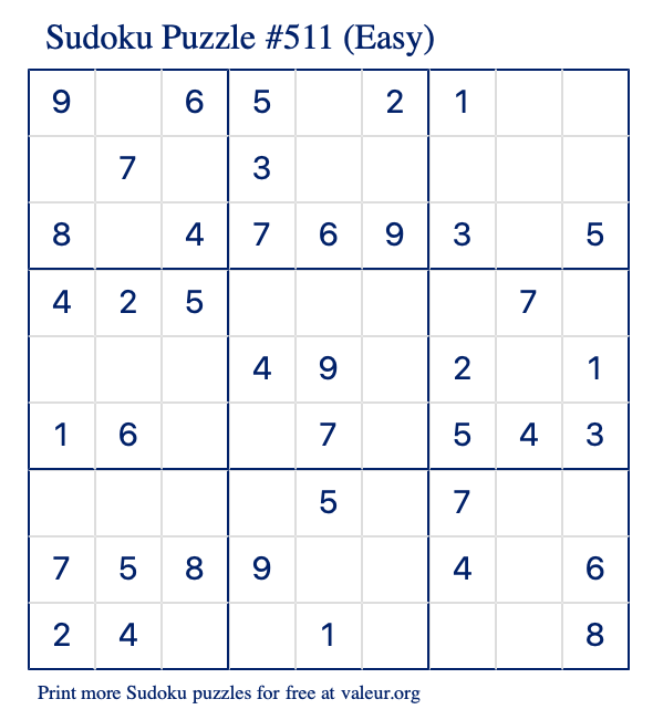 Free Printable Easy Sudoku Puzzle number 511