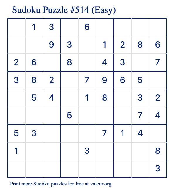 Free Printable Easy Sudoku Puzzle number 514