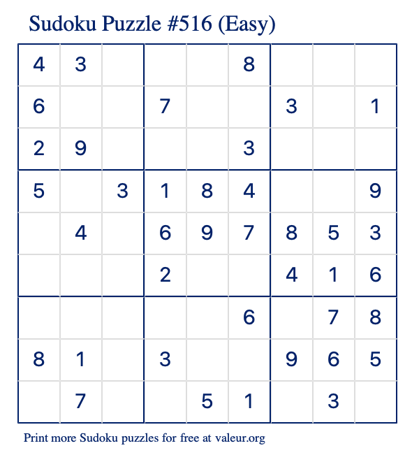 Free Printable Easy Sudoku Puzzle number 516