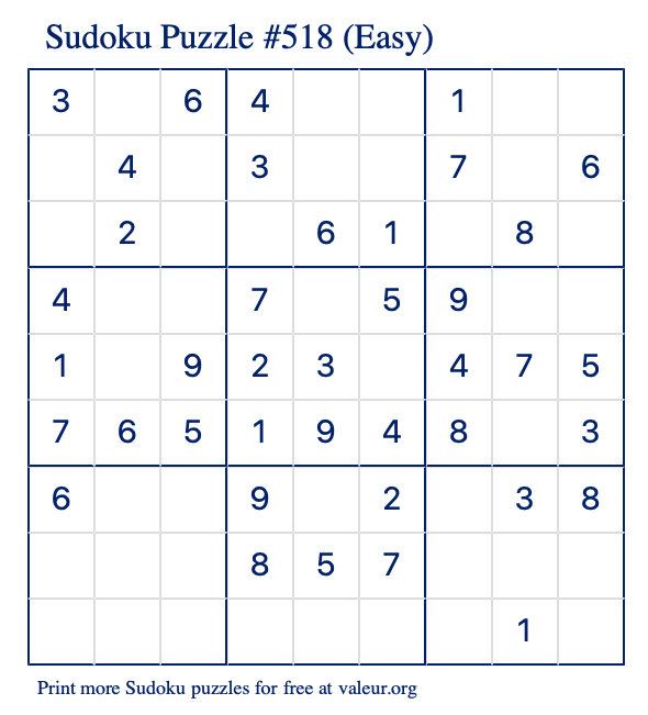 Free Printable Easy Sudoku Puzzle number 518