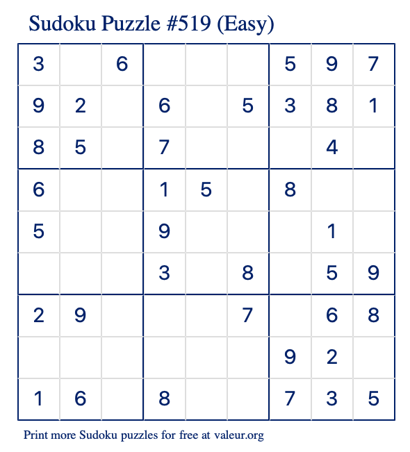 Free Printable Easy Sudoku Puzzle number 519