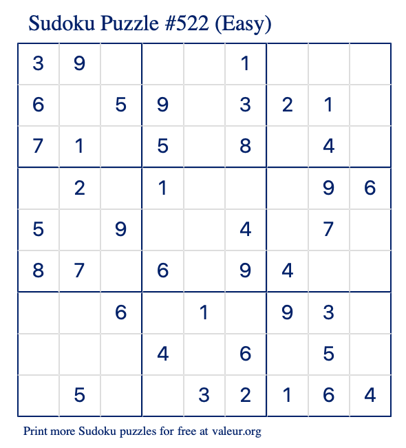 Free Printable Easy Sudoku Puzzle number 522