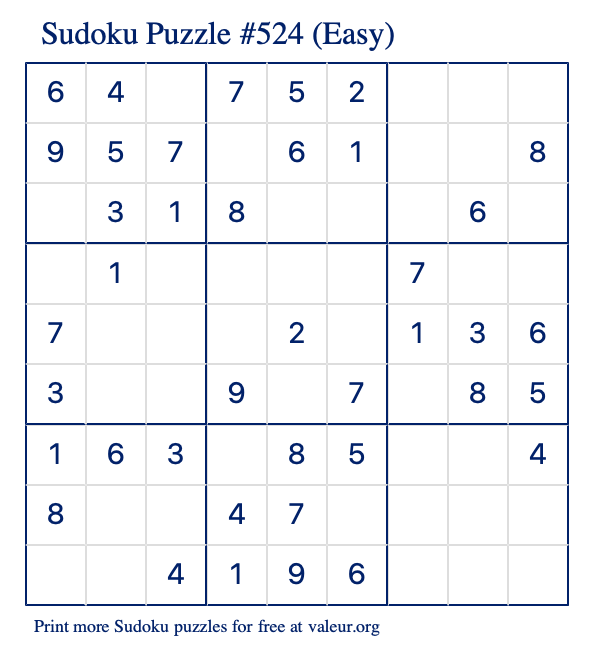 Free Printable Easy Sudoku Puzzle number 524