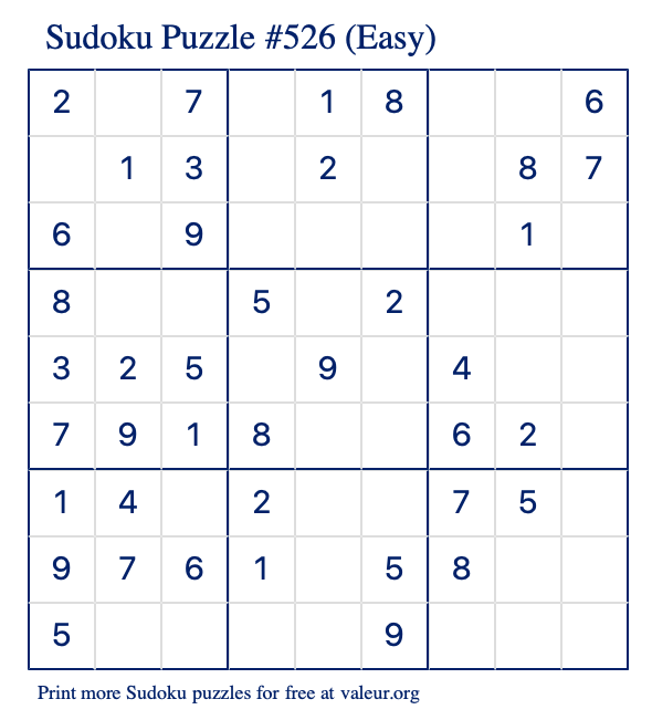 Free Printable Easy Sudoku Puzzle number 526