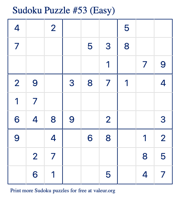 Free Printable Easy Sudoku Puzzle number 53