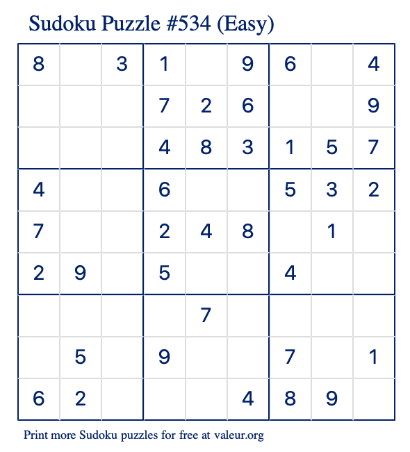 Free Printable Easy Sudoku Puzzle number 534