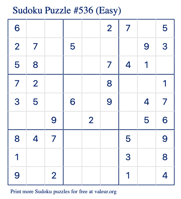 Free Printable Easy Sudoku Puzzle number 536