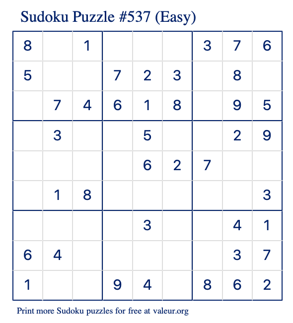 Free Printable Easy Sudoku Puzzle number 537