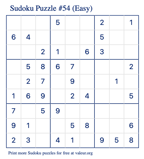 Free Printable Easy Sudoku Puzzle number 54