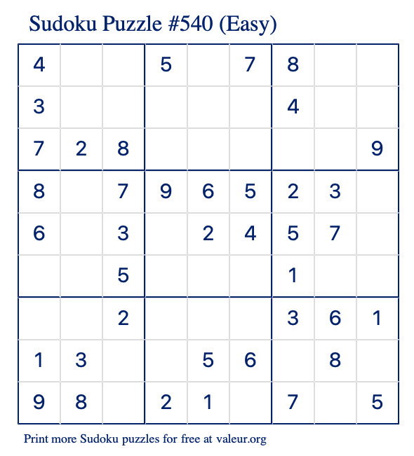Free Printable Easy Sudoku Puzzle number 540