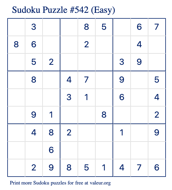 Free Printable Easy Sudoku Puzzle number 542